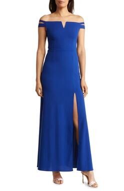 THE FASHION POET Off the Shoulder Gown Women's XS Blue Slit Maxi Short Sleeve